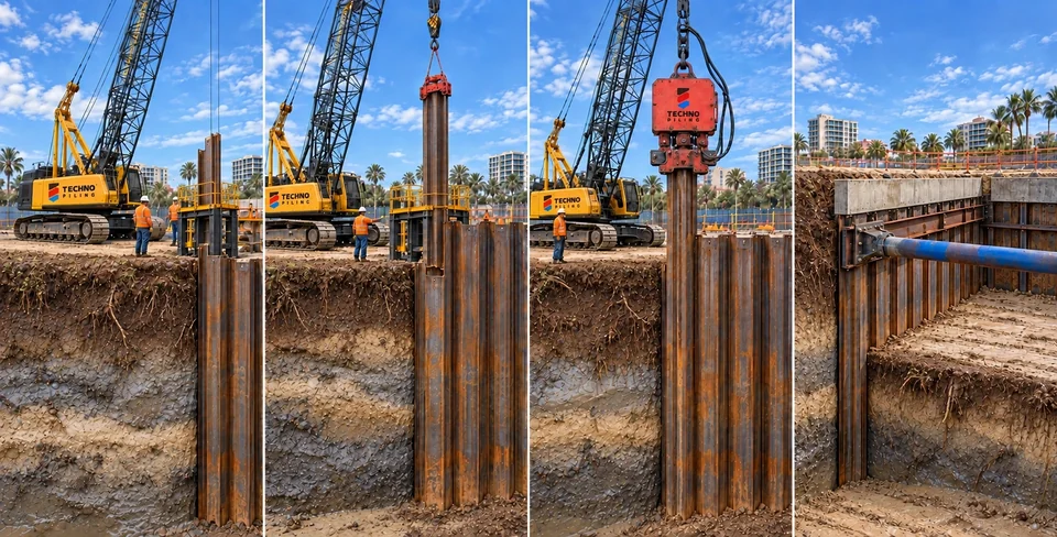 Illustrated sheet-pile construction sequence. Wall depth, supports and equipment follow the project design.